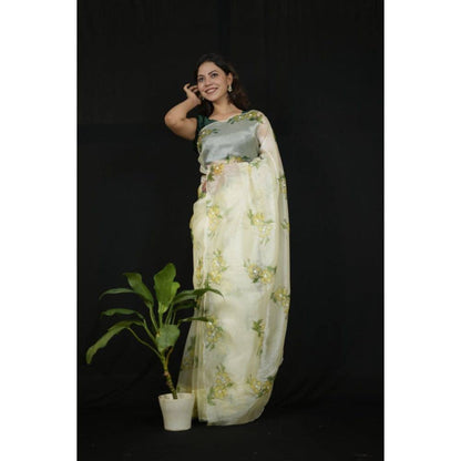 Isadora Life Womens Floral Printed Cream Pre-Draped Saree with Unstitched Blouse