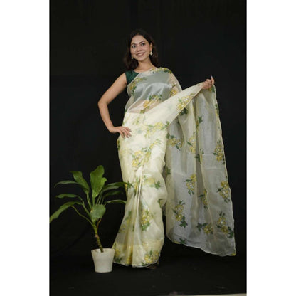 Isadora Life Womens Floral Printed Cream Pre-Draped Saree with Unstitched Blouse