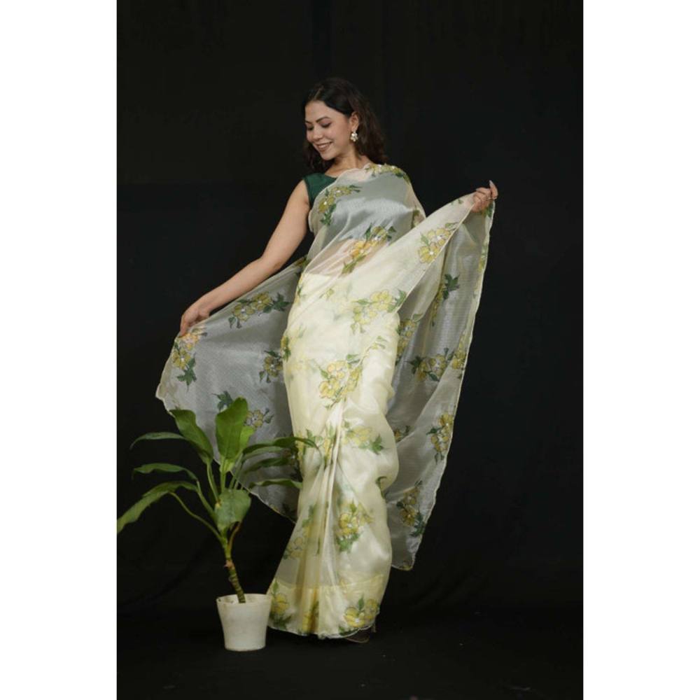 Isadora Life Womens Floral Printed Cream Pre-Draped Saree with Unstitched Blouse