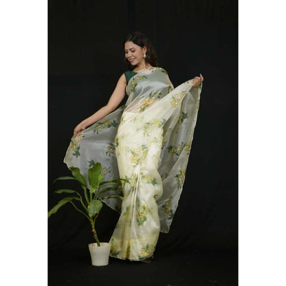Isadora Life Womens Floral Printed Cream Pre-Draped Saree with Unstitched Blouse
