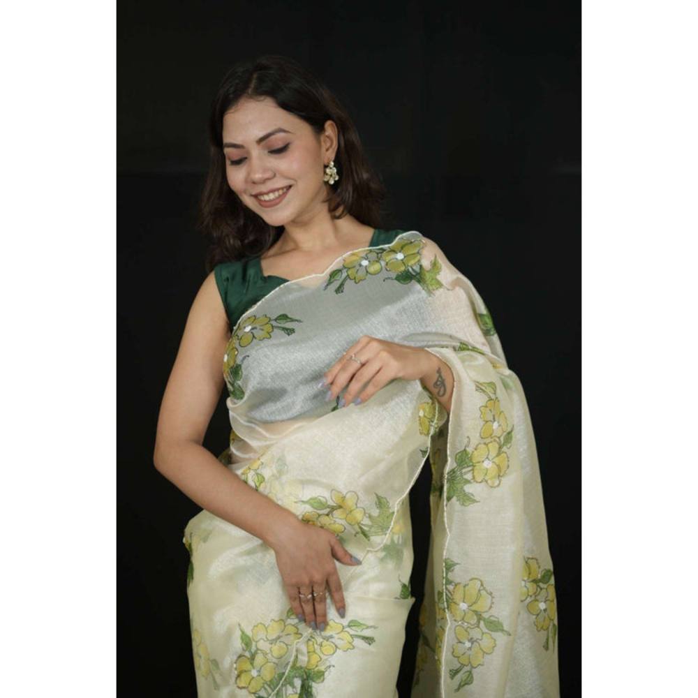 Isadora Life Womens Floral Printed Cream Pre-Draped Saree with Unstitched Blouse