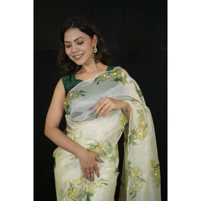 Isadora Life Womens Floral Printed Cream Pre-Draped Saree with Unstitched Blouse