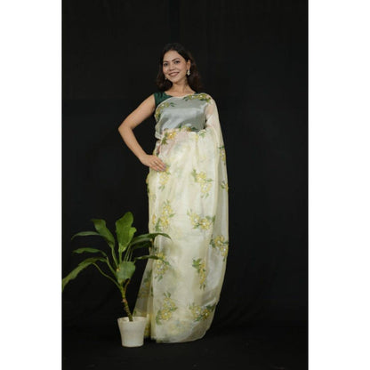 Isadora Life Womens Floral Printed Cream Pre-Draped Saree with Unstitched Blouse