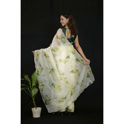 Isadora Life Womens Floral Printed Cream Pre-Draped Saree with Unstitched Blouse