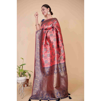 Isadora Life Womens Woven Tassels Pink Pre-Draped Saree with Unstitched Blouse