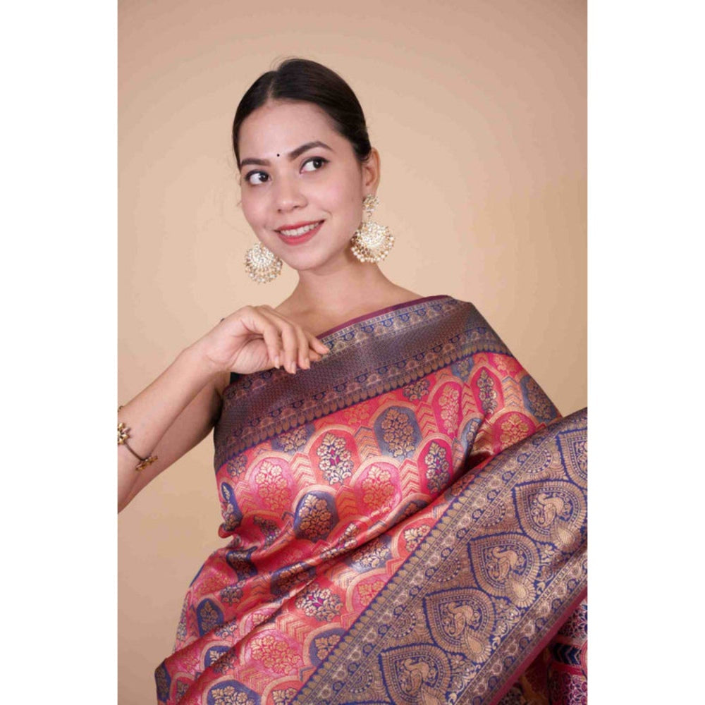 Isadora Life Womens Woven Tassels Pink Pre-Draped Saree with Unstitched Blouse