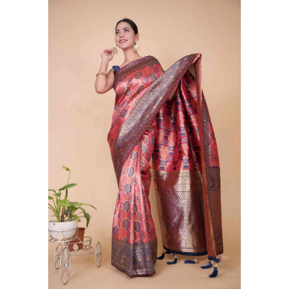 Isadora Life Womens Woven Tassels Pink Pre-Draped Saree with Unstitched Blouse