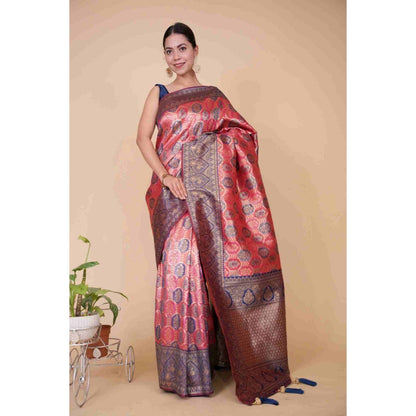 Isadora Life Womens Woven Tassels Pink Pre-Draped Saree with Unstitched Blouse