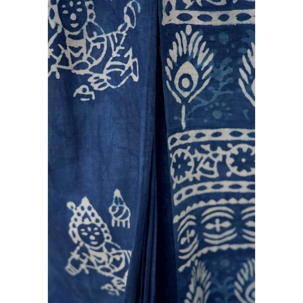 Isadora Life Womens Printed Blue Pre-Draped Saree with Unstitched Blouse