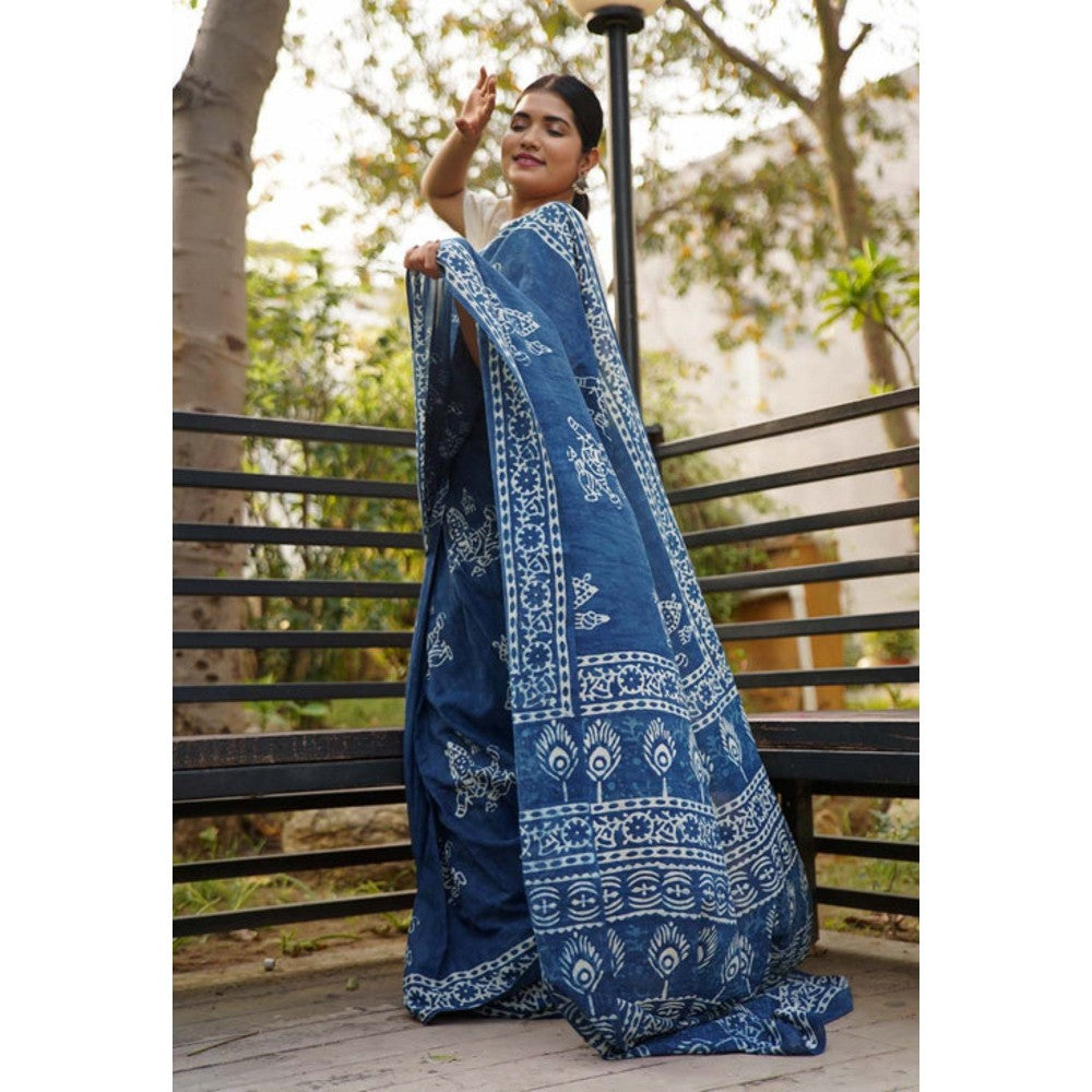 Isadora Life Womens Printed Blue Pre-Draped Saree with Unstitched Blouse
