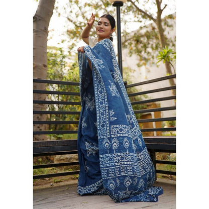 Isadora Life Womens Printed Blue Pre-Draped Saree with Unstitched Blouse