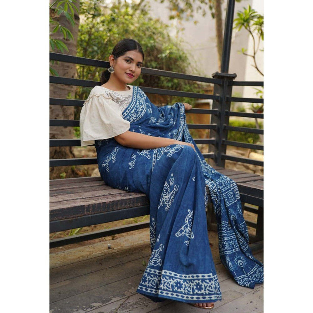 Isadora Life Womens Printed Blue Pre-Draped Saree with Unstitched Blouse