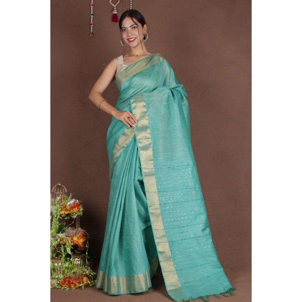 Isadora Life Womens Woven Zari Blue Pre-Draped Saree with Unstitched Blouse