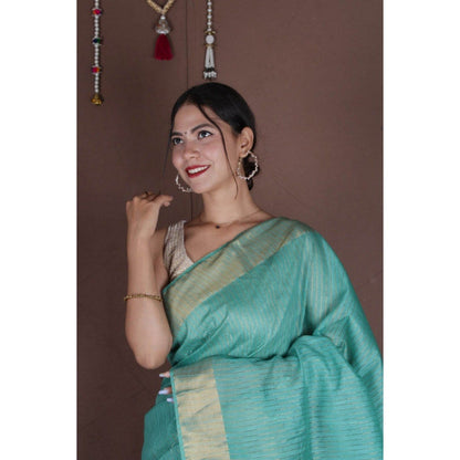 Isadora Life Womens Woven Zari Blue Pre-Draped Saree with Unstitched Blouse