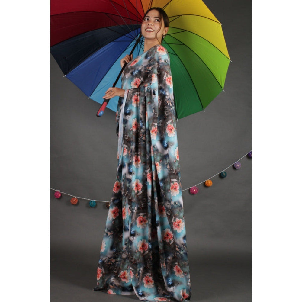 Isadora Life Womens Floral Printed Multi-Color Pre-Draped Saree with Unstitched Blouse