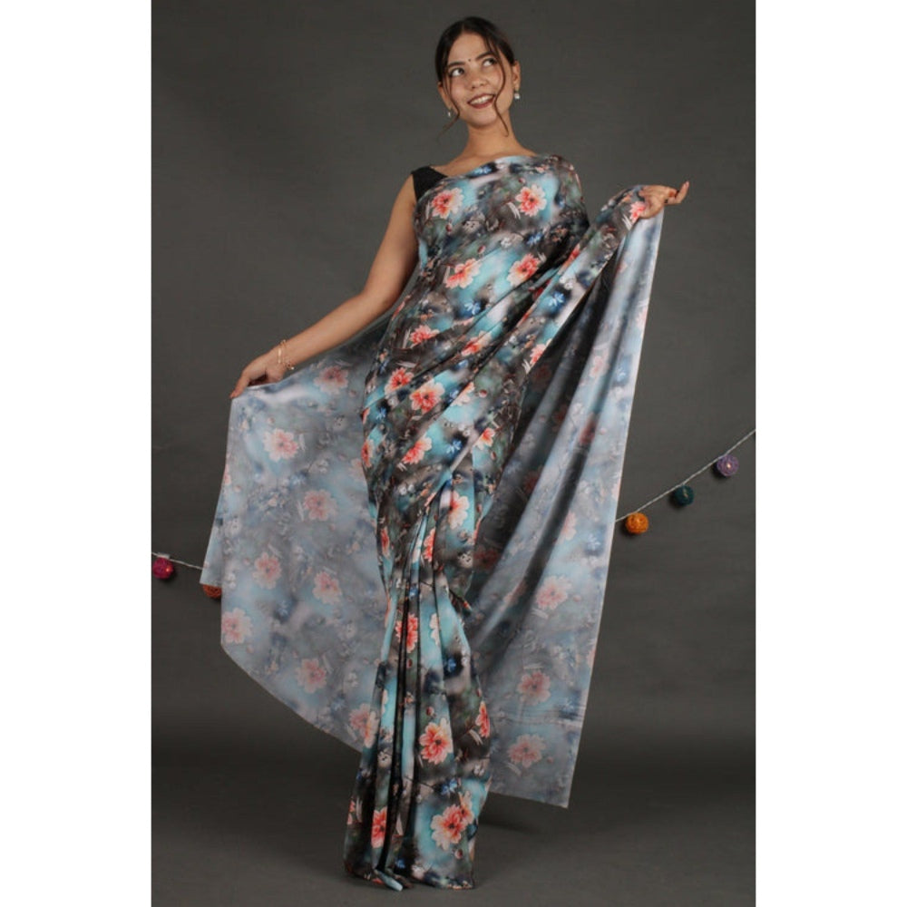 Isadora Life Womens Floral Printed Multi-Color Pre-Draped Saree with Unstitched Blouse
