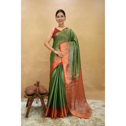 Isadora Life Womens Woven Zari Green Pre-Draped Saree with Unstitched Blouse