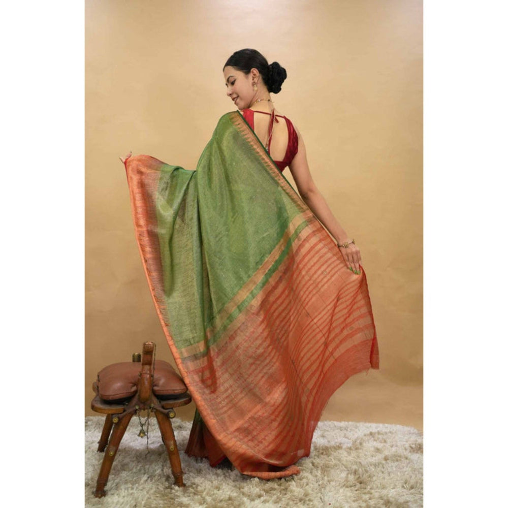 Isadora Life Womens Woven Zari Green Pre-Draped Saree with Unstitched Blouse