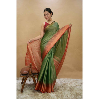 Isadora Life Womens Woven Zari Green Pre-Draped Saree with Unstitched Blouse