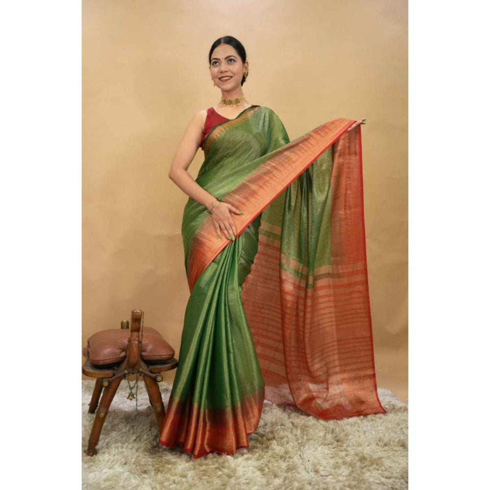 Isadora Life Womens Woven Zari Green Pre-Draped Saree with Unstitched Blouse