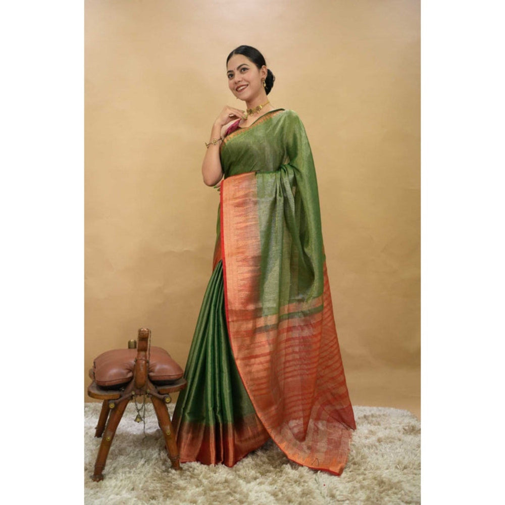 Isadora Life Womens Woven Zari Green Pre-Draped Saree with Unstitched Blouse