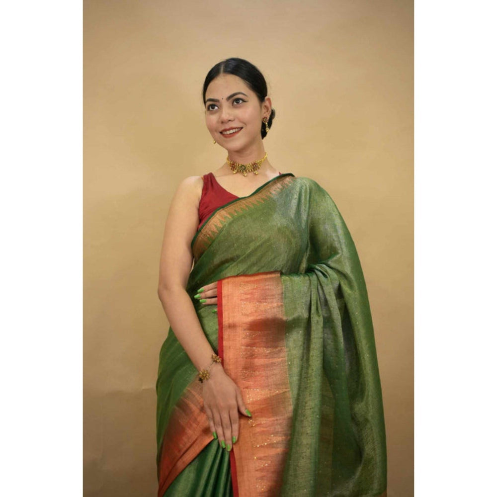 Isadora Life Womens Woven Zari Green Pre-Draped Saree with Unstitched Blouse