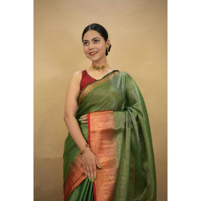 Isadora Life Womens Woven Zari Green Pre-Draped Saree with Unstitched Blouse