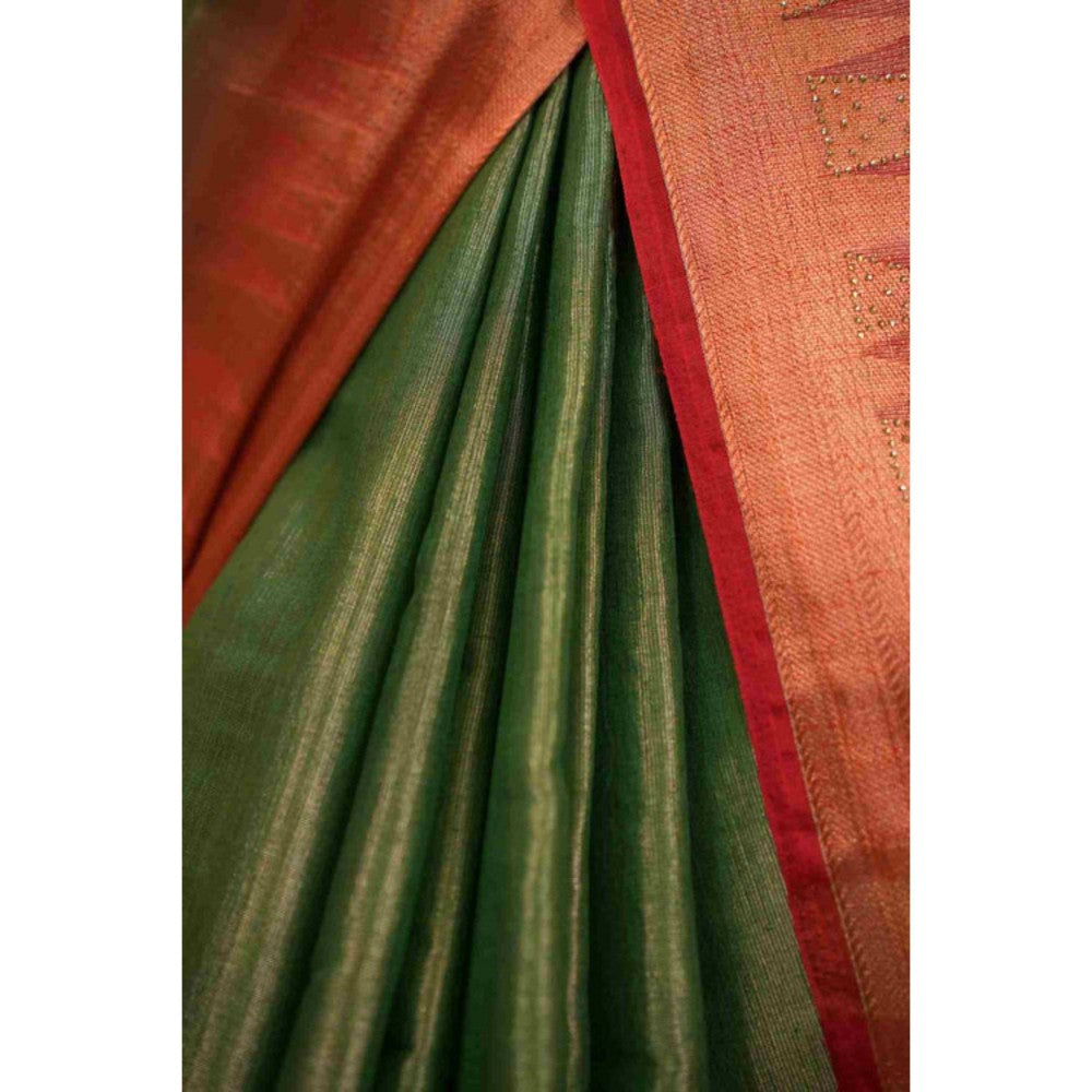 Isadora Life Womens Woven Zari Green Pre-Draped Saree with Unstitched Blouse