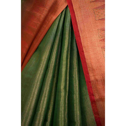 Isadora Life Womens Woven Zari Green Pre-Draped Saree with Unstitched Blouse