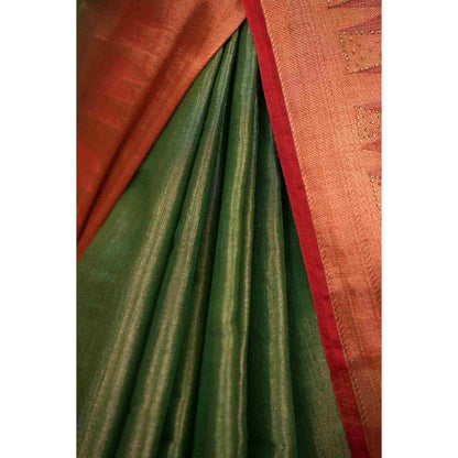 Isadora Life Womens Woven Zari Green Pre-Draped Saree with Unstitched Blouse