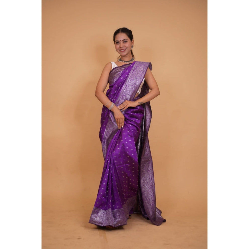 Isadora Life Womens Woven Zari Purple Pre-Draped Saree with Unstitched Blouse