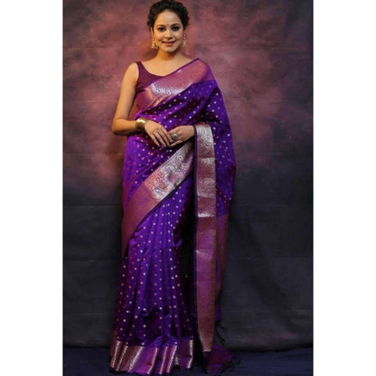 Isadora Life Womens Woven Zari Purple Pre-Draped Saree with Unstitched Blouse