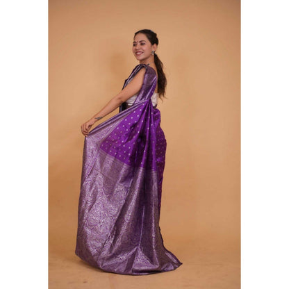 Isadora Life Womens Woven Zari Purple Pre-Draped Saree with Unstitched Blouse