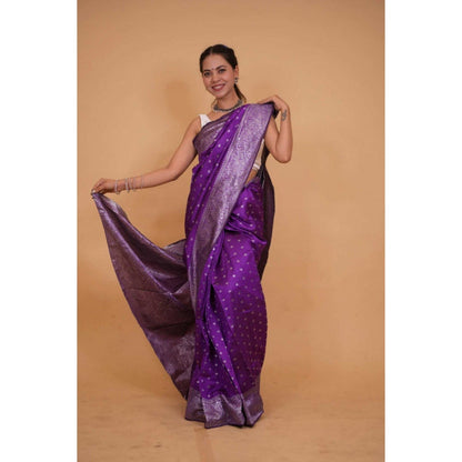 Isadora Life Womens Woven Zari Purple Pre-Draped Saree with Unstitched Blouse