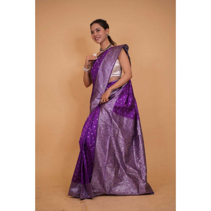 Isadora Life Womens Woven Zari Purple Pre-Draped Saree with Unstitched Blouse