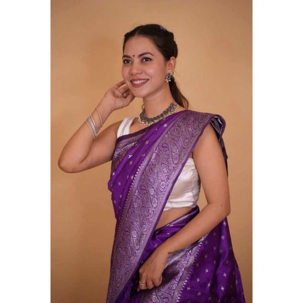Isadora Life Womens Woven Zari Purple Pre-Draped Saree with Unstitched Blouse