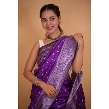 Isadora Life Womens Woven Zari Purple Pre-Draped Saree with Unstitched Blouse