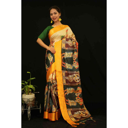 Isadora Life Womens Printed Tassels Yellow Pre-Draped Saree with Unstitched Blouse