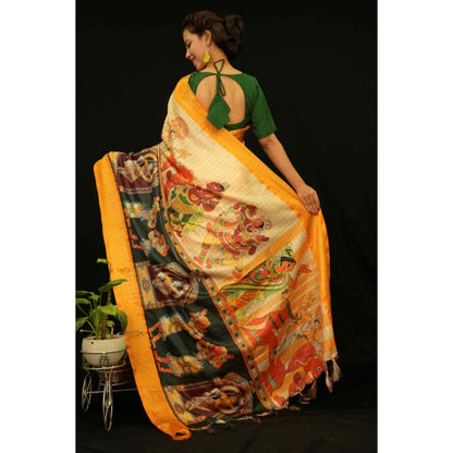 Isadora Life Womens Printed Tassels Yellow Pre-Draped Saree with Unstitched Blouse