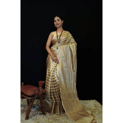 Isadora Life Womens Stripes Tassels Gold Pre-Draped Saree with Unstitched Blouse