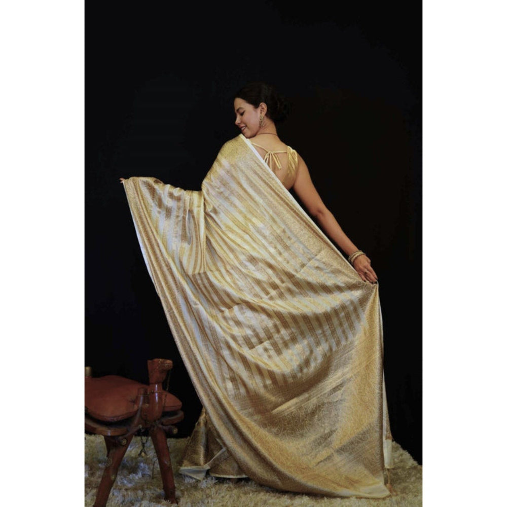 Isadora Life Womens Stripes Tassels Gold Pre-Draped Saree with Unstitched Blouse