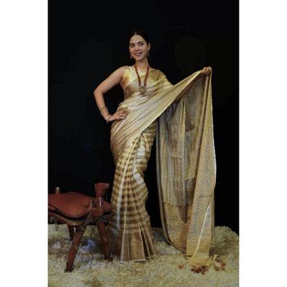 Isadora Life Womens Stripes Tassels Gold Pre-Draped Saree with Unstitched Blouse