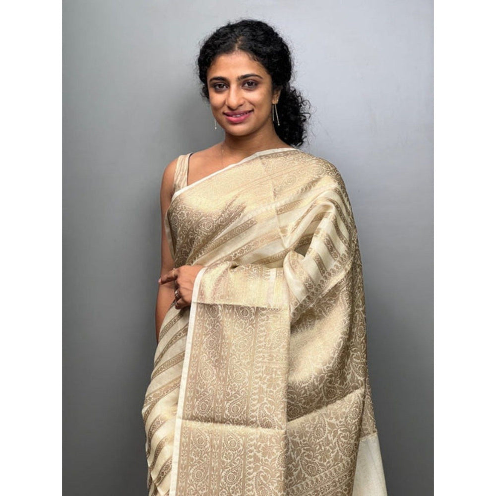 Isadora Life Womens Stripes Tassels Gold Pre-Draped Saree with Unstitched Blouse