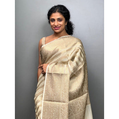 Isadora Life Womens Stripes Tassels Gold Pre-Draped Saree with Unstitched Blouse