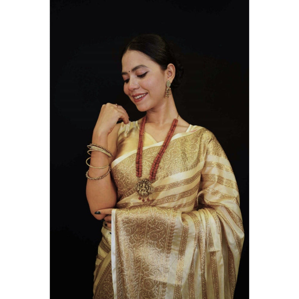 Isadora Life Womens Stripes Tassels Gold Pre-Draped Saree with Unstitched Blouse
