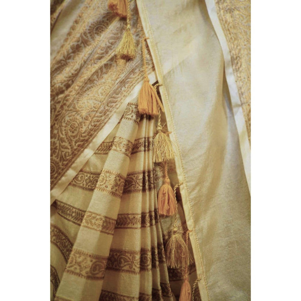 Isadora Life Womens Stripes Tassels Gold Pre-Draped Saree with Unstitched Blouse