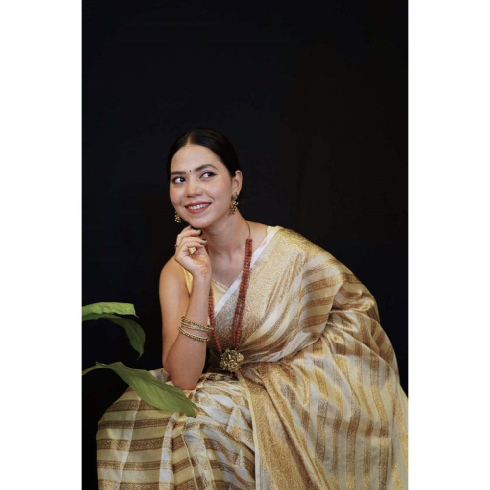 Isadora Life Womens Stripes Tassels Gold Pre-Draped Saree with Unstitched Blouse