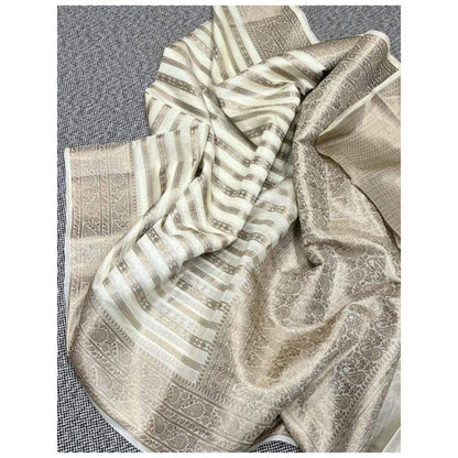 Isadora Life Womens Stripes Tassels Gold Pre-Draped Saree with Unstitched Blouse