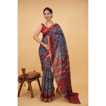 Isadora Life Womens Printed Blue Pre-Draped Saree with Unstitched Blouse