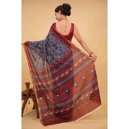Isadora Life Womens Printed Blue Pre-Draped Saree with Unstitched Blouse